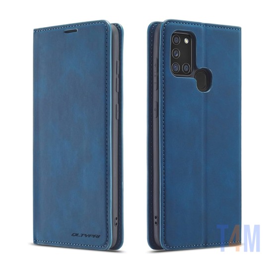 Funda Abatible de Cuero con Bolsillo Interno para Samsung Galaxy A21s Azul